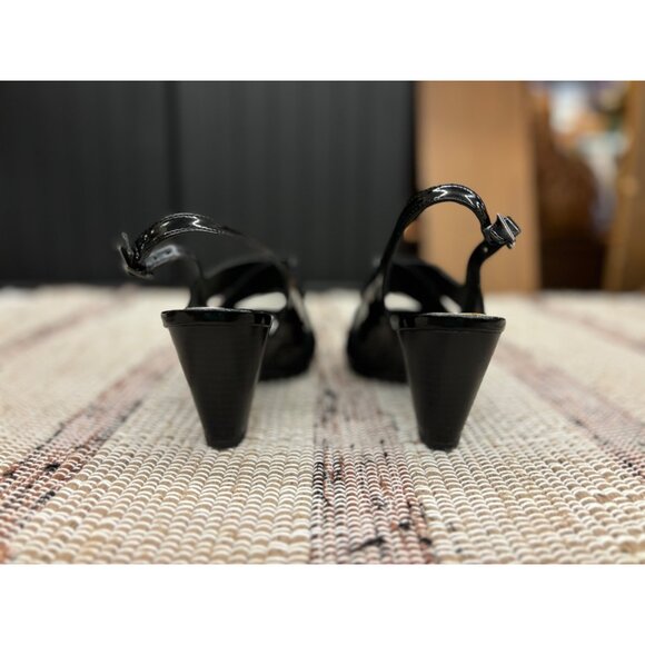 Studio Works Ladies Black Open Toe Elastic Strap 3” Heels With Bonded Leather So - Picture 2 of 8